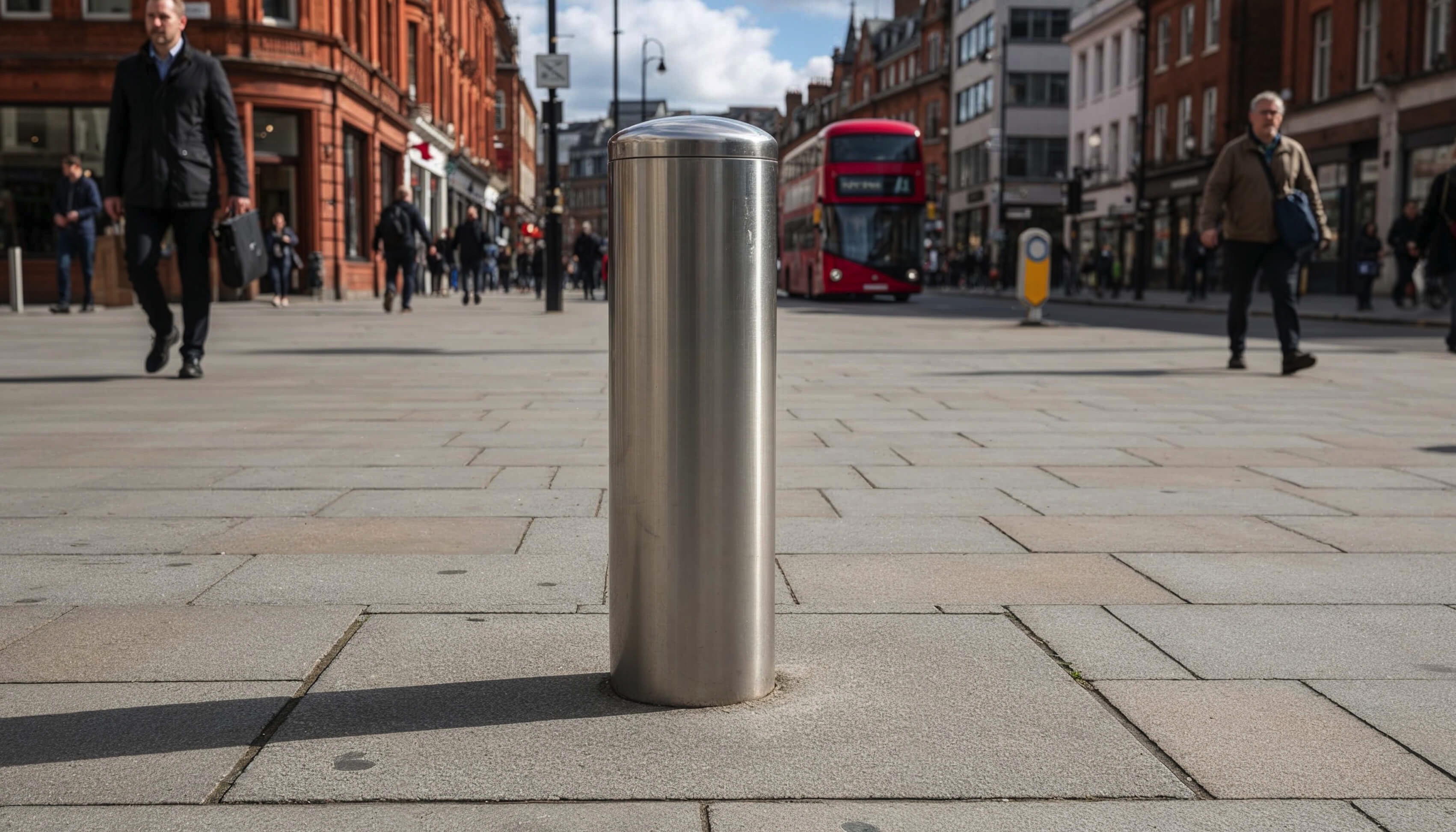 A power bollard with a dome shaped finished in silver provides an elegant street furniture feature in a space where outdoor events can be staged.